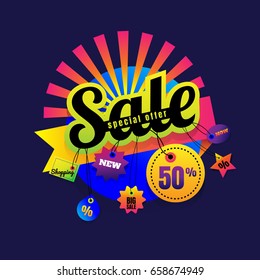 sale button Sale vector horizontal banner - 50% special offer. Layout with triangle elements. Abstract veiolet background. Design concept.