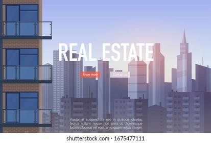 Sale, buy and rent of real estate website, landing page. Modern beautiful urban background with tall buildings and skyscrapers flat vector illustration. Template webpage apartment business, service