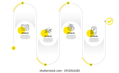 Sale, Calendar and Bitcoin mining line icons set. Timeline process infograph. Contactless payment sign. Discount, Business audit, Cryptocurrency pickaxe. Phone money. Finance set. Vector