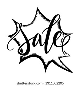 Sale calligraphic lettering in hand drawn comic style speech bubble, vector illustration
