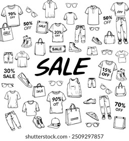 Sale caption surrounded by doodle clothing items and captions with discount percentages. Vector elements in line art style on transparent background