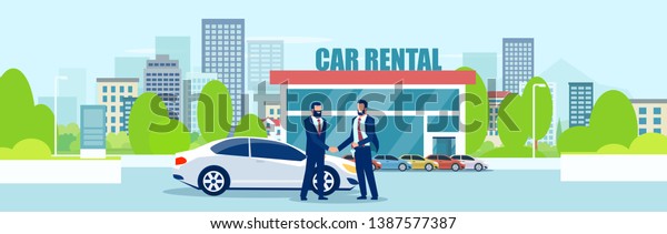 Sale or car\
rental concept. Vector of a salesman giving automobile keys to a\
customer on a city showroom background\
