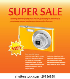 Sale card. Color compact camera. Vector illustration.