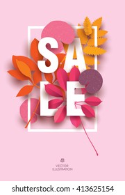 Sale card with different floral elements in shades of  red. Design for Sale Poster, Banner,Flyer. Vector illustration.
