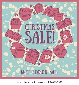 sale card with gift boxes, christmas sale banner, vector illustration