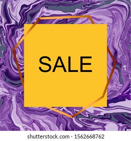 Sale card in gold frame on purple marble swirls background. Trendy backdrop with pink and white waves stone texture. Vector illustration.