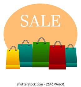Sale card. Lots of colored paper bags. Design for advertisement, banner, flyer. Vector illustration isolated on white background