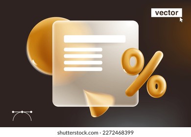 Sale card on square frame in glassmorphism style. Vector with blurred floating golden geometry shapes. Perfect design for glamour app, fashion banner, Black Friday background, jewelry presentation.