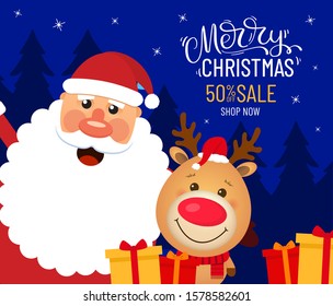 Sale card with santa claus, deer, winter forest and gifts. Cartoon illustration. Cute characters