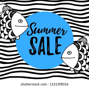 Sale card vector Illustration. Doodle fish on color splash on  wave background.