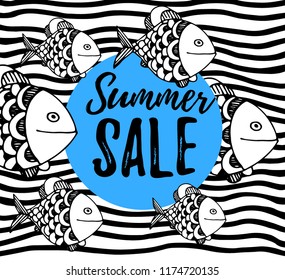 Sale card vector Illustration. Doodle fish on color splash on  wave background.