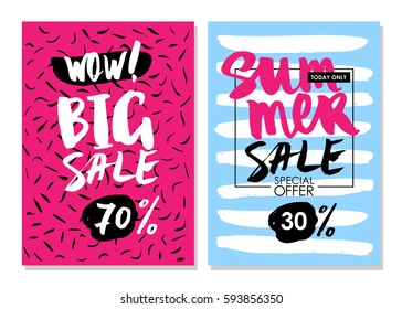 Sale cards with beautiful colorful hand drawn brush elements and lettering. Vector template. Banners, posters, ads, flyers, voucher discount.