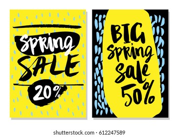 Sale cards with beautiful colorful hand drawn brush elements and lettering. Vector template. Banners, posters, ads, flyers, voucher discount.