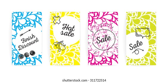 Sale cards colorful set. With hand drawn doodles and drops background