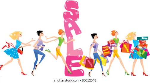 sale cartoon with group of funny girls in shopping time