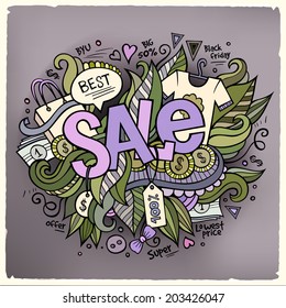 Sale cartoon hand lettering and doodles elements background. Vector illustration