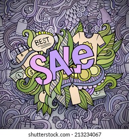 Sale cartoon hand lettering and doodles elements background. Vector illustration