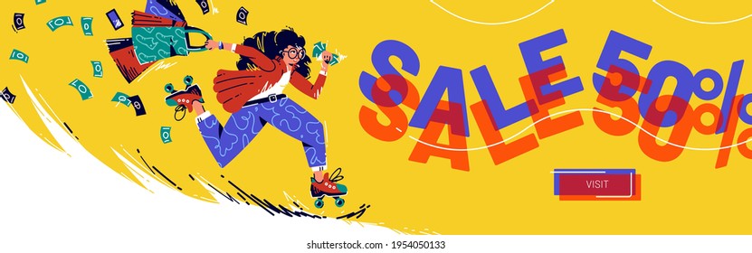 Sale cartoon landing page with running girl on rolling skates with shopping bags and money bills flying. Special offer for retail store, shopaholic woman hurry for purchase, Vector line art web banner
