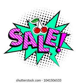 Sale cartoon patch, pop art style coloful icon with cherry and exclamation mark, vector illustration