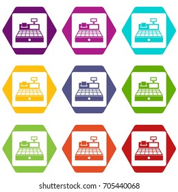 Sale cash register icon set many color hexahedron isolated on white vector illustration