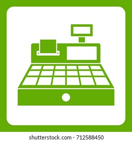 Sale cash register icon white isolated on green background. Vector illustration