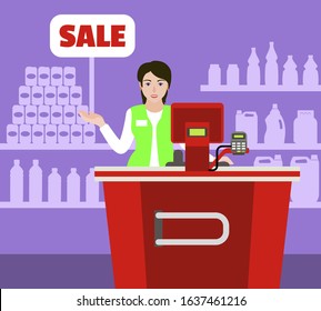 Sale cashier market concept background. Flat illustration of sale cashier market vector concept background for web design