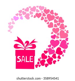 Sale. Celebration background with gifts box, heart and place for your text. Vector illustration 