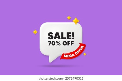 Sale chat speech bubble. Mega offer flag ribbon. Sale 70 percent off discount. Promotion price offer sign. Retail badge symbol. 3d sparkle stars speech bubble. Vector