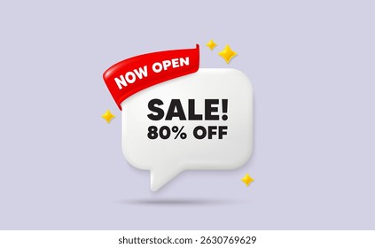 Sale chat speech bubble. Now open flag ribbon. Sale 80 percent off discount. Promotion price offer sign. Retail badge symbol. 3d sparkle stars speech bubble. Vector