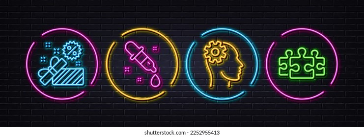 Sale, Chemistry pipette and Engineering minimal line icons. Neon laser 3d lights. Puzzle icons. For web, application, printing. Gift box, Laboratory, Cogwheel head. Jigsaw. Neon lights buttons. Vector