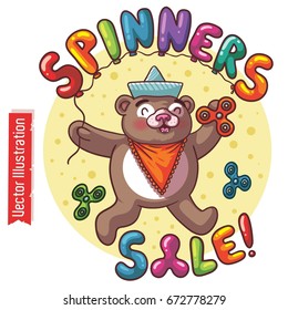 Sale of children's toys spinners. Cute bear with balloons. Bear holds spinner in its paw. Element for advertising, poster, banner, cover. Print for t-shirts. A vector illustration on white background.