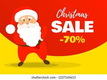 Sale Christmas background. Vector illustration of Santa Claus with big bag. Discount offer