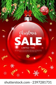 Sale Christmas balls tag vector special offer new year holiday card template. poster design storefront market, MerryChristmas red ball sale, Merry Christmas and New Year Sale Background. Vector Illust