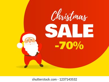Sale Christmas banner. Vector illustration of Santa Claus with big bag. 70% off  Discount offer. 
