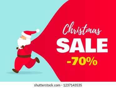 Sale Christmas banner. Vector illustration of running Santa Claus with big bag. Discount offer. 