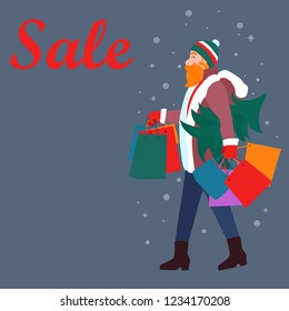 sale, Christmas, guy with shopping and Christmas tree, vector