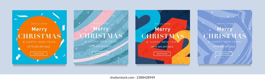 Sale Christmas and New Year Greeting Cards. Winter Sale 2024 Year for Advertising, Web, Social Media, Banner, Cover. Special Offer of 50% Off. Vector Illustration.