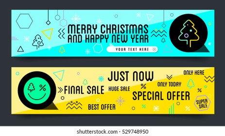 Sale Christmas and New Year social media 80'S style banners. Modern vector illustrations for website and mobile banners, internet marketing, greeting cards and printed material design.