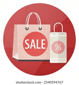 Sale circle tags with Sale text and shopping bag. Concept of discount. Vector illustration. isolated on white background.