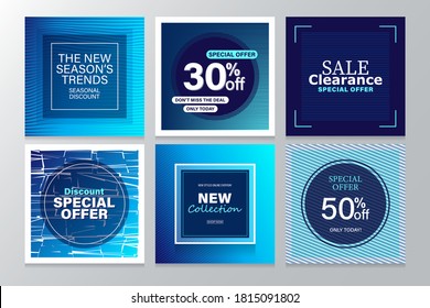 Sale clearance, 50% off, New arrivals square banners. Media social post promotion with modern blue background.