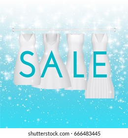 Sale clearance background with white wedding dress. Vector background for banner, poster, flyer, card, postcard, cover, brochure. For prom gowns with sale text. Wedding gown discount