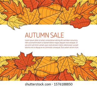 Sale and Clearance Concept Banner. Leaf Fall Background. Autumn Symbol, Icon and Badge for Web. Cartoon Vector illustration.