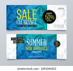 Sale clearance vector illustration. Horizontal discount banner - 50% off, 20%. Blue polygonal background.