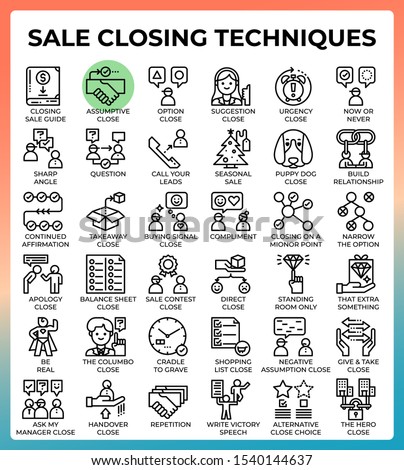 Sale closing techniques detailed line icons set in modern line icon style for ui, ux, web, app design