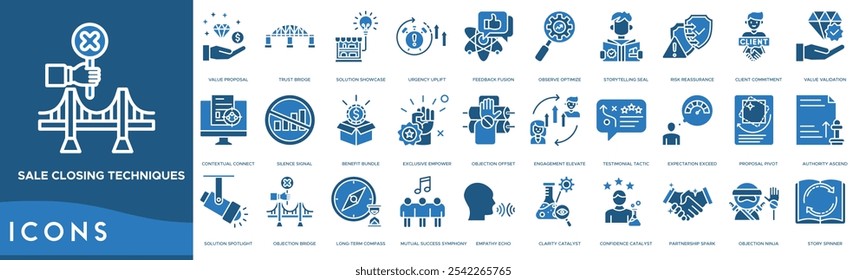 Sale Closing Techniques icon. Value Proposal, Trust Bridge, Solution Showcase, Urgency Uplift, Feedback Fusion, Observe Optimize and Storytelling Seal