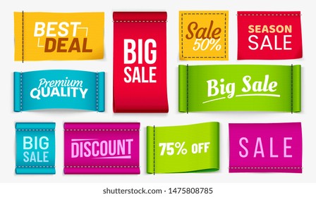 Sale clothes labels. Discount fabric tag, best deal coupons fabrics label and season sale textile tags. Merchandise promotion badge or discount coupon. Realistic isolated vector signs set