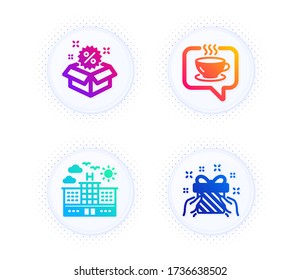 Sale, Coffee and Hotel icons simple set. Button with halftone dots. Gift sign. Discount, Cafe, Travel. Present. Holidays set. Gradient flat sale icon. Vector