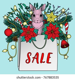 Sale colorful composition. Square pattern with bag, rabbit and new year object on blue background for posters, mock ups and covers with text place.