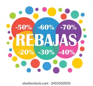 Sale. Colorful hand drawn vector illustration with promo labels. Spanish language.