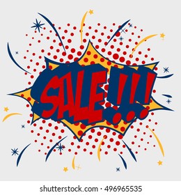 Sale Comic Book Bubble Text on a dots pattern background in Pop-Art Retro Style. Sale text design.